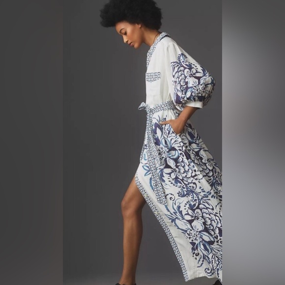 Anthropologie The Irene Linen Shirt Dress Button Front Belted Floral Blue - Picture 2 of 10